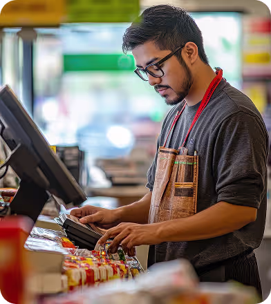 Man in glasses and apron operating a cash register at a grocery store checkout.