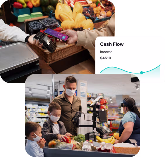 Two images showing contactless payments: one with a person holding a smartphone to a card reader at a market, and another of a masked family checking out groceries with a cashier in a supermarket.