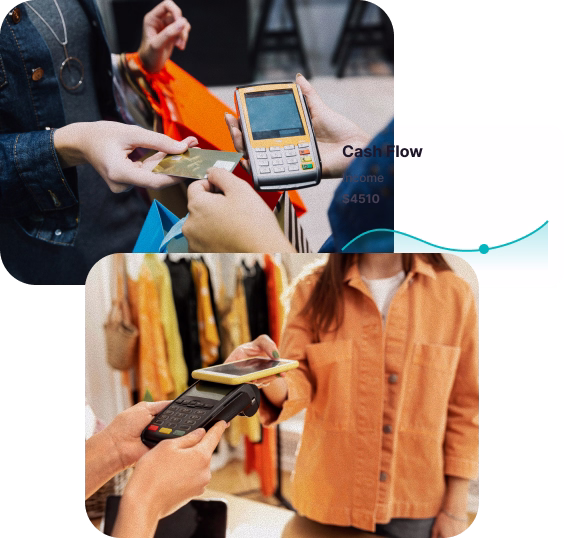 Two scenes of electronic payments: a woman paying with a credit card at a terminal, and another person using a smartphone for contactless payment in a clothing store.