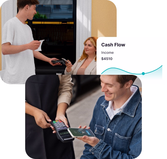 Two images showing people making contactless payments using smartphones on card readers, with a cash flow income graphic showing $4510.