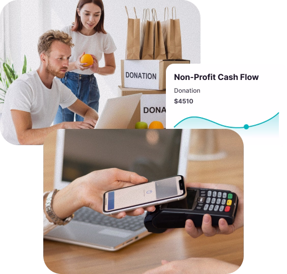 Two people sorting orange donations beside boxes labeled 'DONATION' and a graphic showing nonprofit cash flow of $4510; hand holding smartphone making a contactless payment on a card reader with a laptop in the background.
