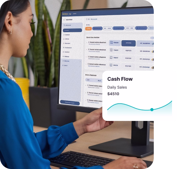 Person in blue shirt working on a computer displaying a sales dashboard with a cash flow graph showing daily sales of $4510.