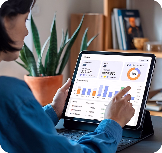 Person in blue shirt interacts with a tablet displaying financial graphs and data in a home office setting with a plant and bookshelf in the background.