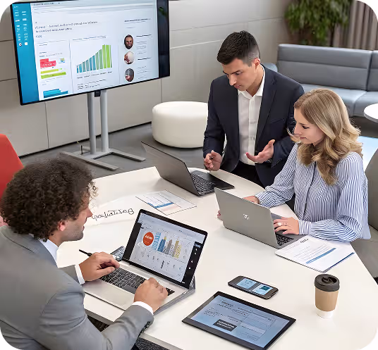 Three business professionals collaborating in a modern office, using laptops and tablets with charts and data displayed on a large screen.