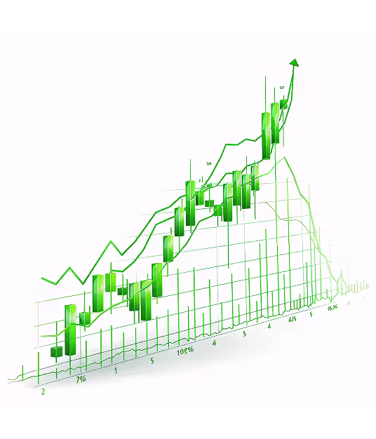 3D green candlestick stock chart with upward trend and volume bars on white background.