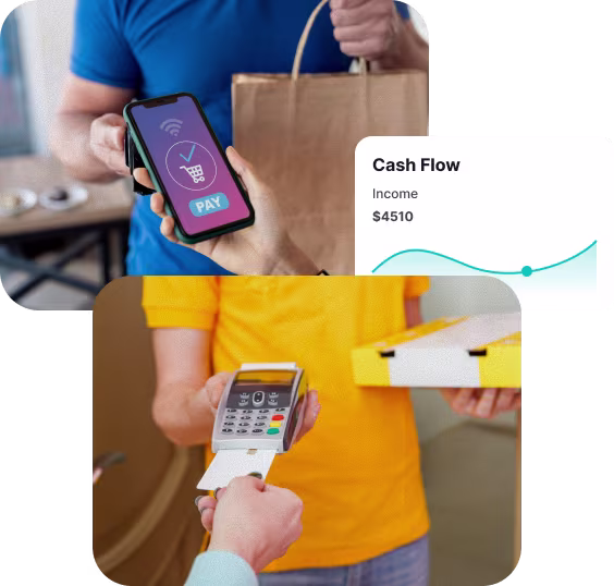 Two images showing contactless payment: one with a person holding a smartphone displaying a 'Pay' screen and another with a person in a yellow shirt holding a payment terminal as a card is inserted, alongside a Cash Flow income chart showing $4510.