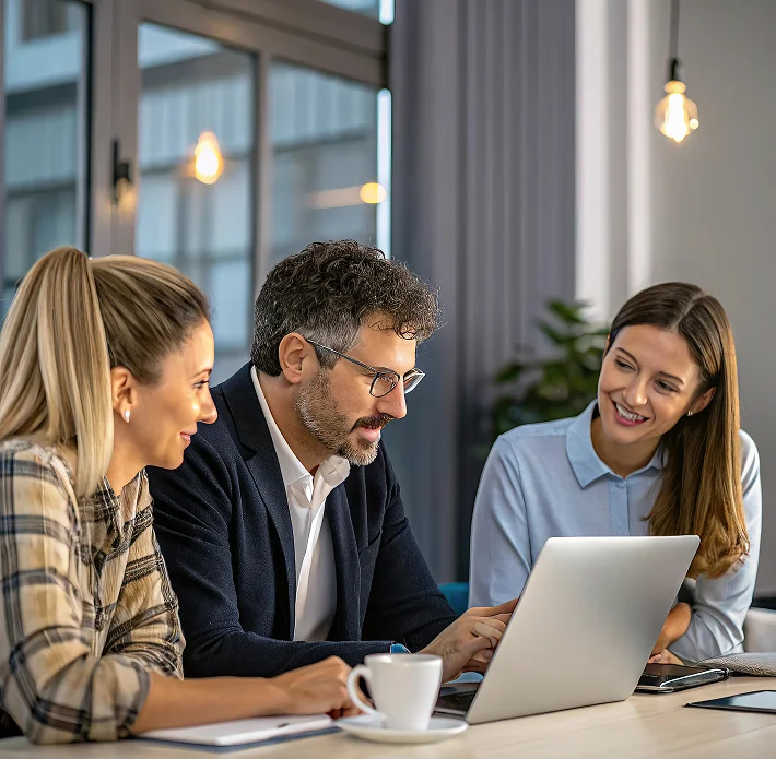 Three colleagues collaborating and discussing work on a laptop at a table with a coffee cup.