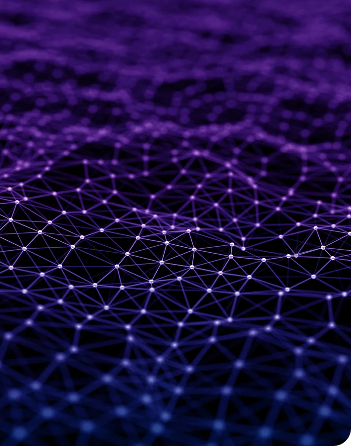 Abstract network of interconnected glowing purple nodes and lines forming a 3D grid pattern on a dark background.