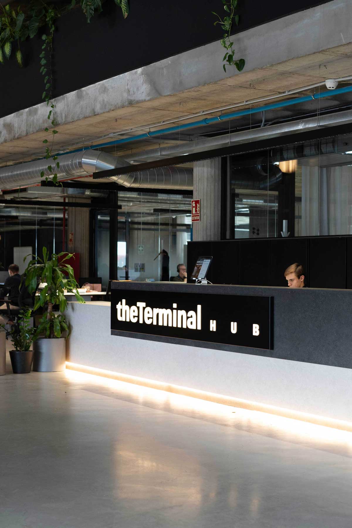 Recepción moderna con letrero iluminado que dice theTerminal HUB y planta en maceta al lado.