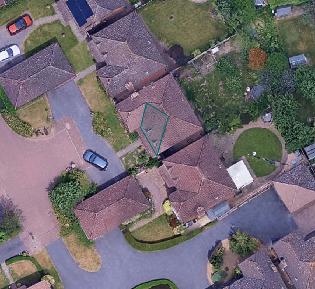 Satellite image of the roof of a cul-de-sac of modern homes.