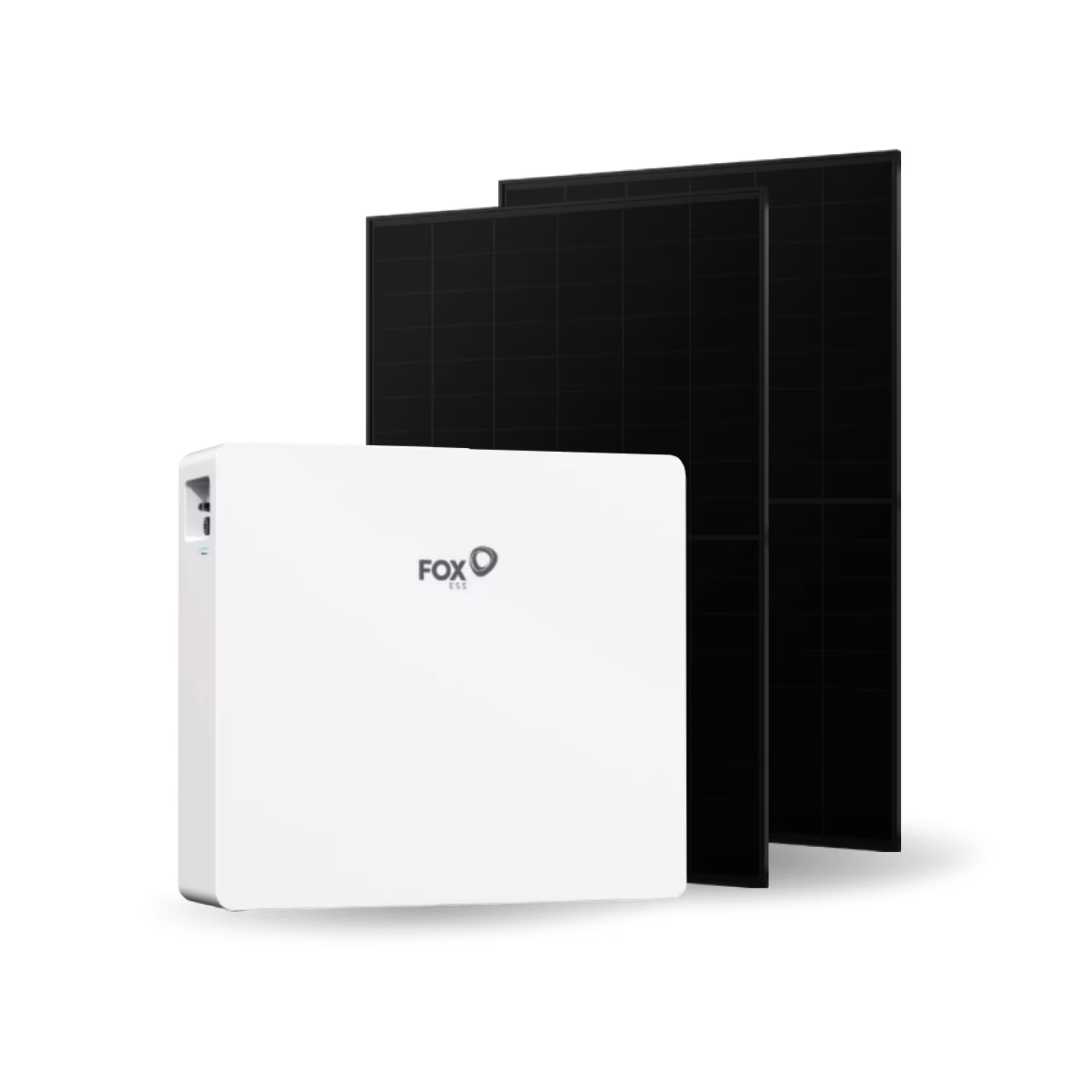 Image of two JA solar panels with a Fox EES battery