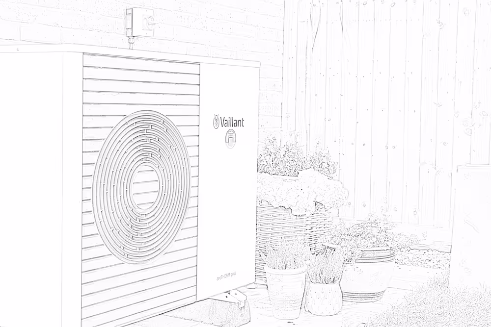 Pencil sketch of a vaillant aroTHERM plus air source heat pump next to some garden plants in pots