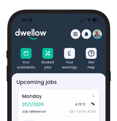 Screenshot of dwellow pro app showing buttons where an installer can set availability, view booked jobs, earnings and seek help.