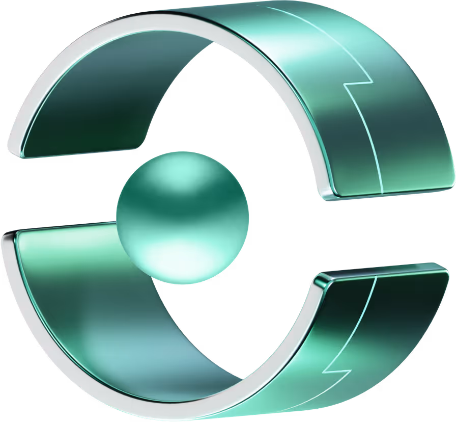 3D metallic teal symbol consisting of two curved segments facing each other with a teal sphere in the center.