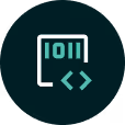Icon with a screen showing binary code 1011 and a pair of angled brackets representing code.