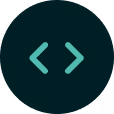 Circular dark button with light green angle brackets symbol, representing code or programming.