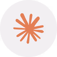Orange radial starburst symbol with twelve spokes on a light gray circular background.