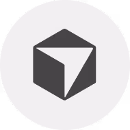 Gray 3D cube icon with a triangular cutout on a light circular background.