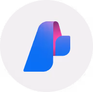 Stylized blue and purple abstract design resembling a folded ribbon on a light gray circular background.