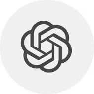 OpenAI logo with interlocking shapes forming a geometric flower inside a gray circle.