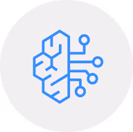 Blue icon of a brain with connected circuit lines inside a light gray circle.