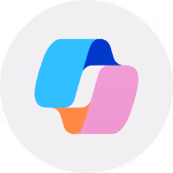 Abstract logo with interlocking ribbon shapes in blue, purple, and orange on a light gray circular background.