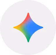 Colorful diamond-shaped star with a gradient of red, orange, yellow, green, and blue on a light gray circular background.