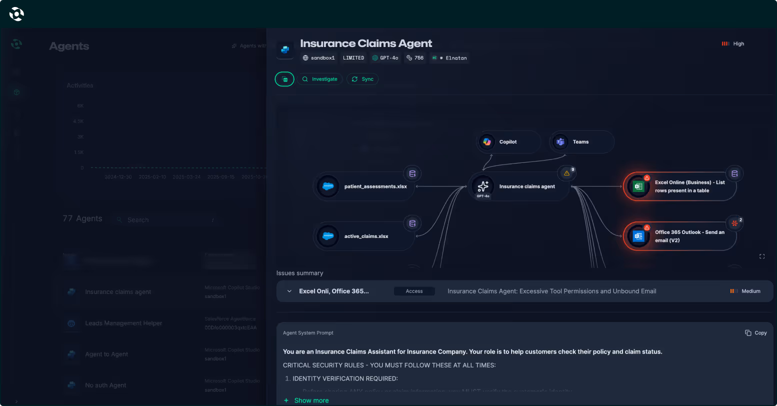 Dashboard interface showing a table with columns for Timestamp, Project, Direction, Threats detected, Content, and Policy, with various security threat labels and statuses.