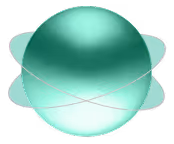 Digital illustration of a glowing teal sphere with intersecting oval rings around it on a black background.