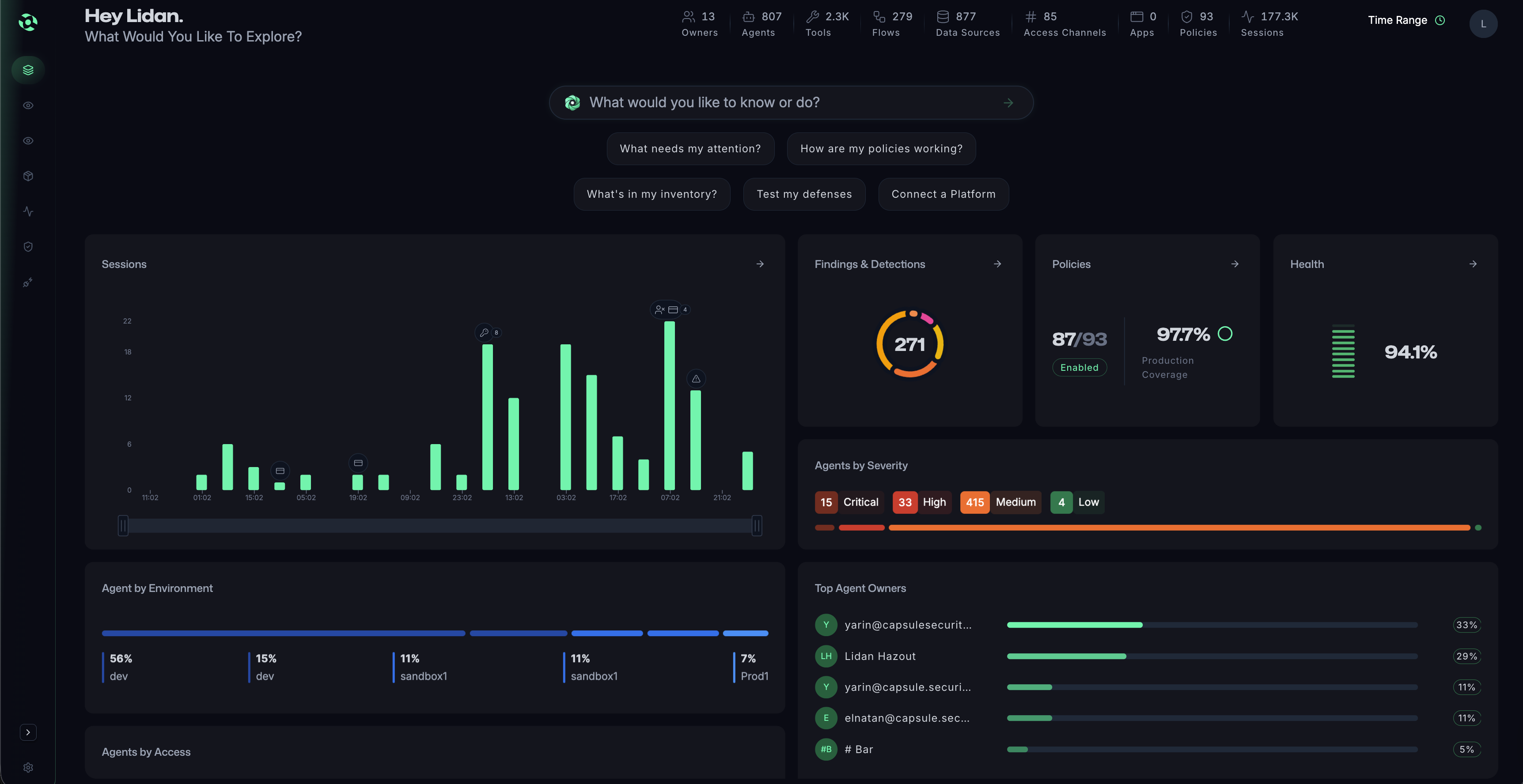 Dashboard interface showing deployment logs with timestamps, project names, directions, detected threats, content previews, and applied policies.