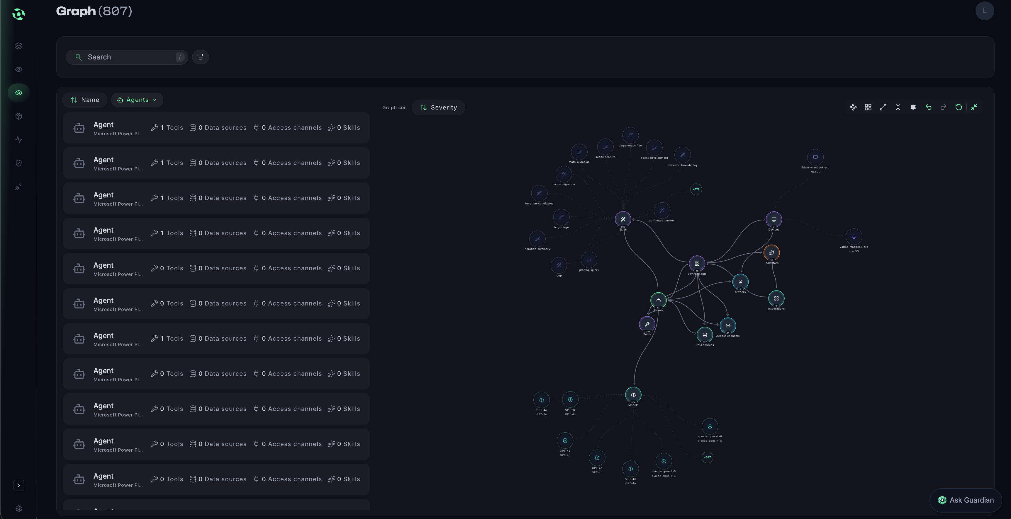 Dashboard interface showing a table with columns for Timestamp, Project, Direction, Threats detected, Content, and Policy, with various security threat labels and statuses.