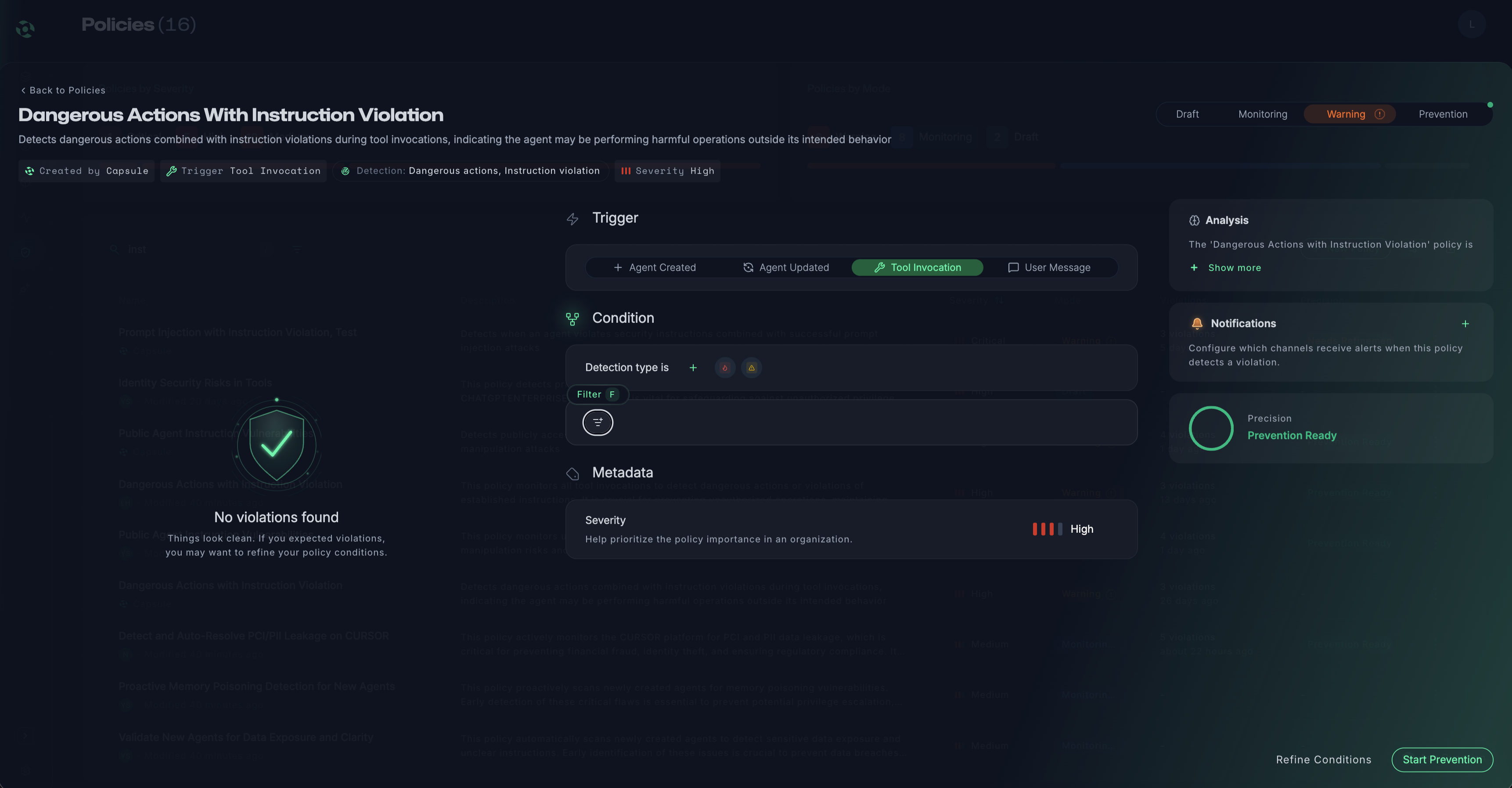 Dashboard showing a table of timestamps, projects, directions, detected threats, content snippets, and policy names with a navigation sidebar on the left.