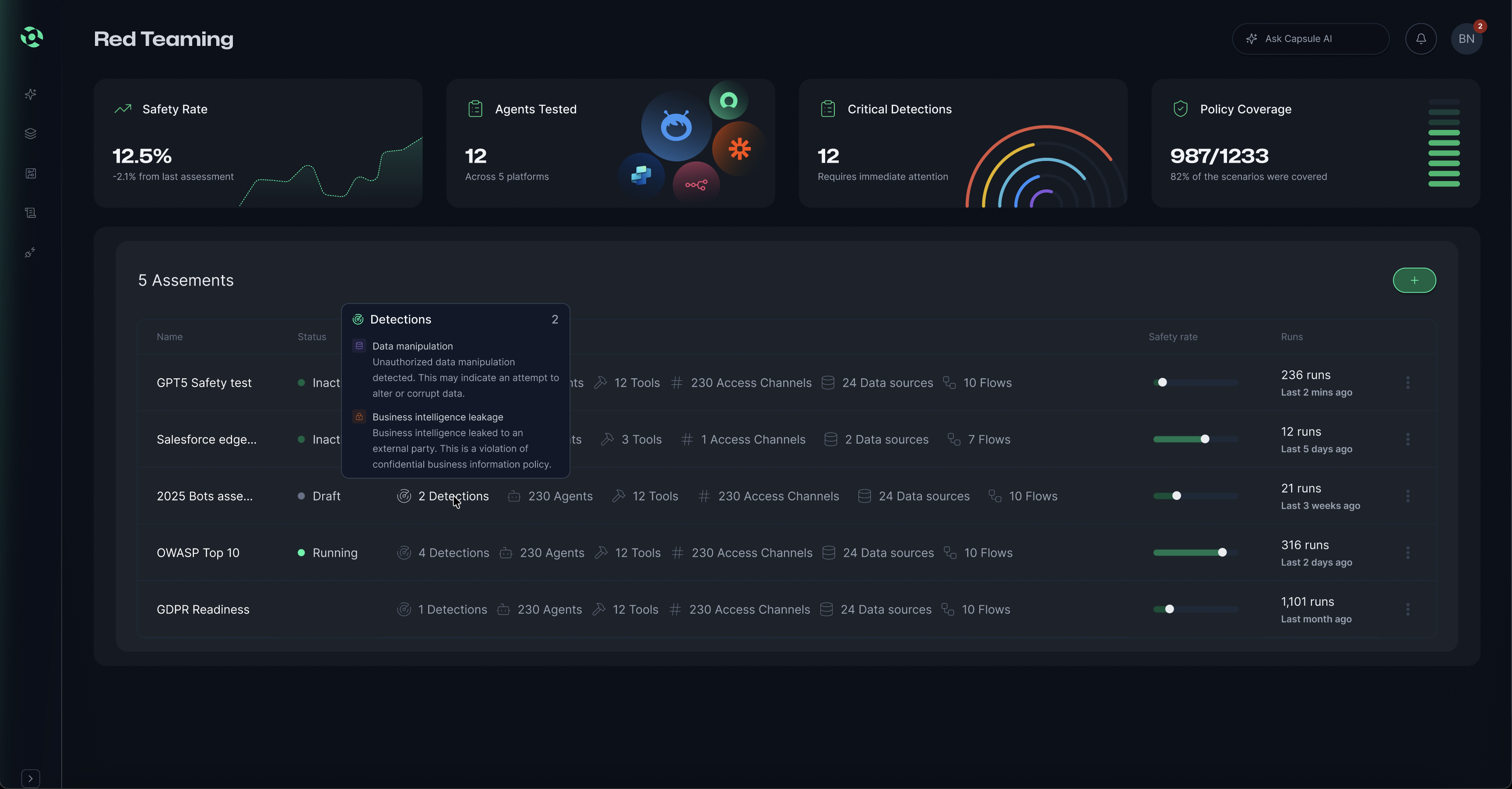 Dashboard interface showing a table of deployment logs with columns for timestamp, project, direction, detected threats, content snippets, and policy names.