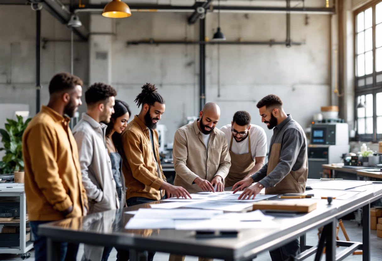 image depicting employees collaborating (for a manufacturing plant)