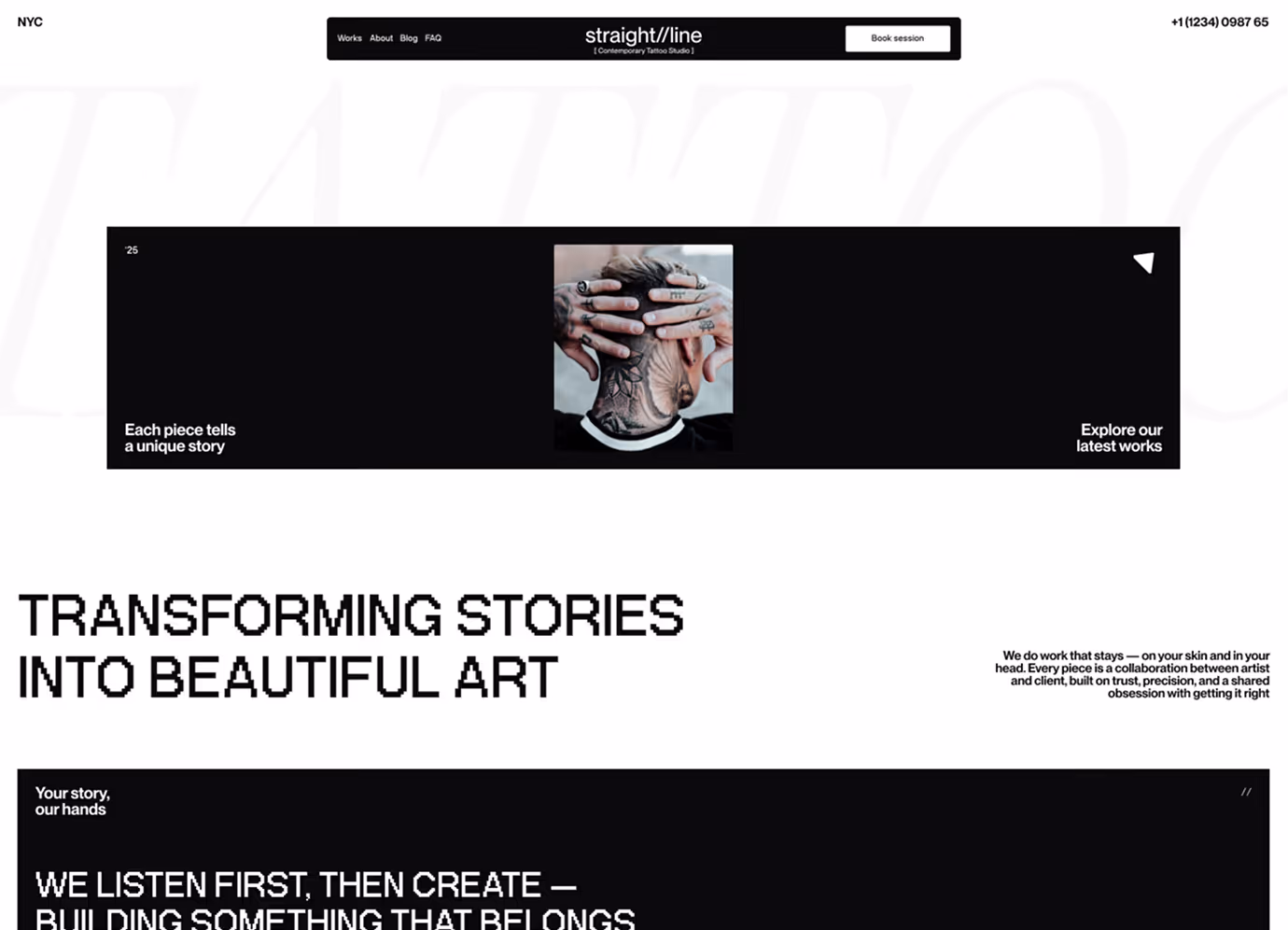 straight//line tattoo studio website hero — black and white photo of artist working on client