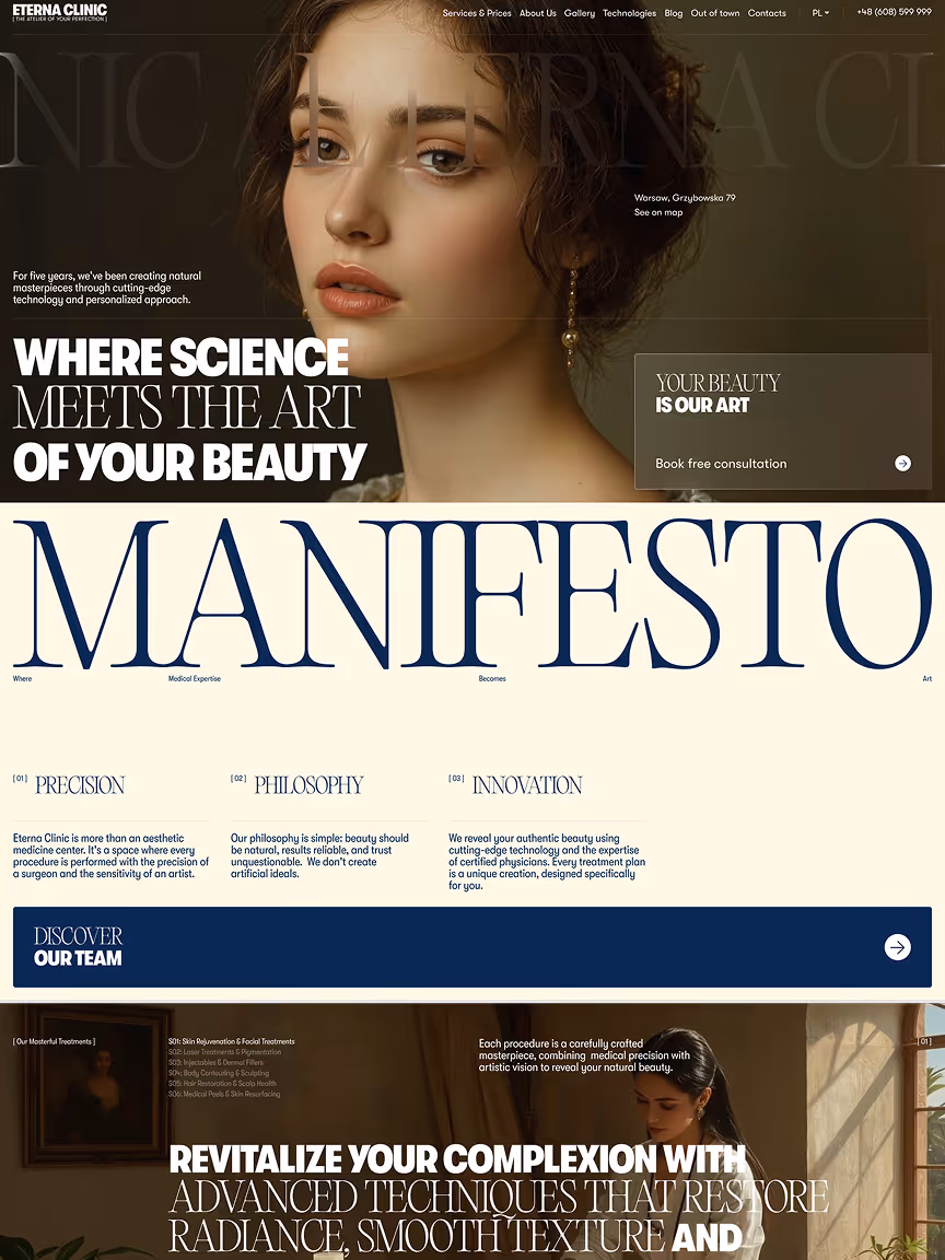 Eterna Clinic medical aesthetic website hero — woman portrait with soft lighting