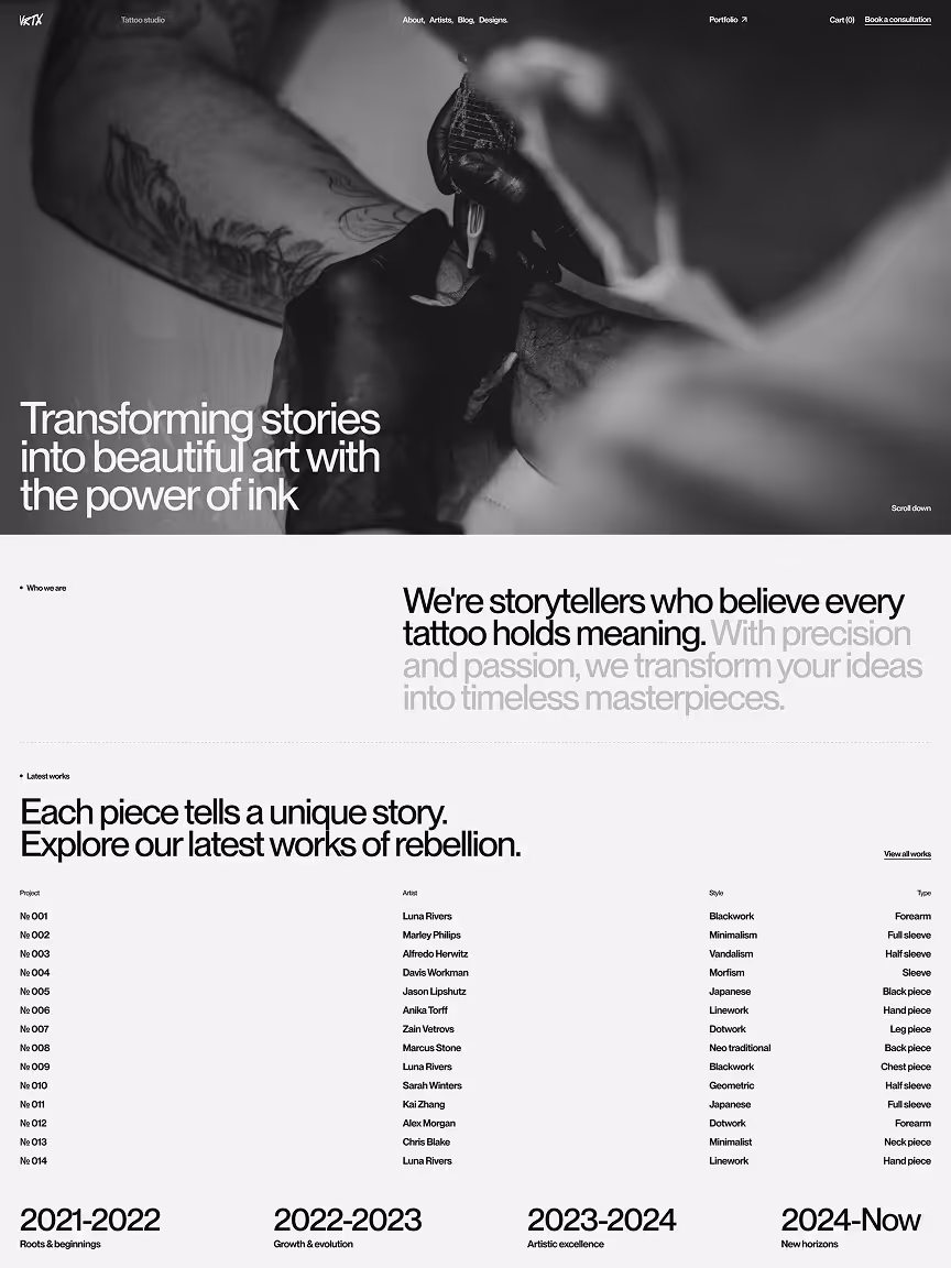 VRTX tattoo studio website design project