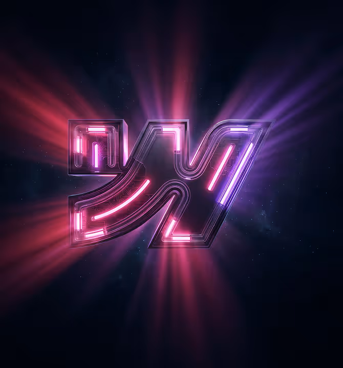 Webflow logo glowing in neon pink and purple light against a dark cosmic background