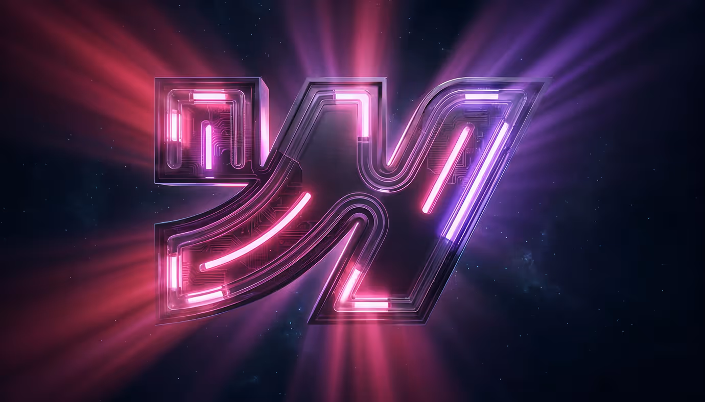 Webflow logo glowing in neon pink and purple light against a dark cosmic background