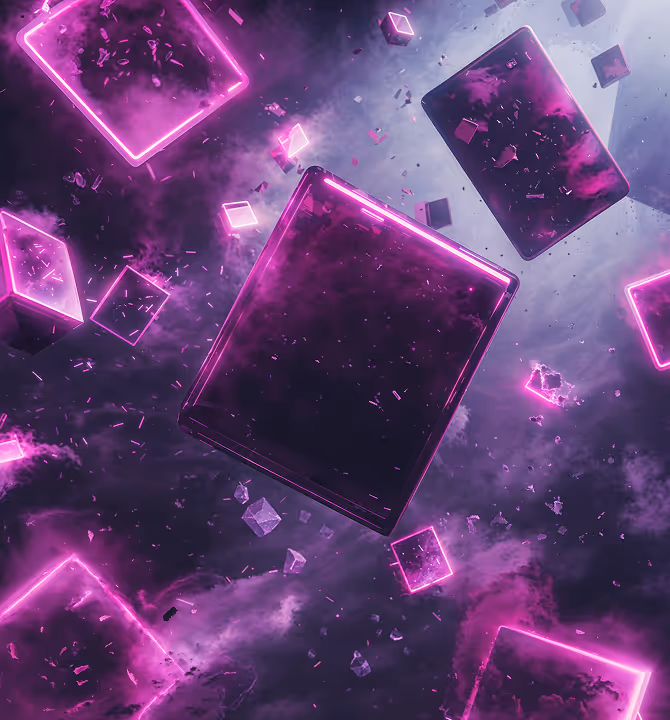 Floating glass screens and geometric shapes with neon pink edges in a dark cloudy atmosphere