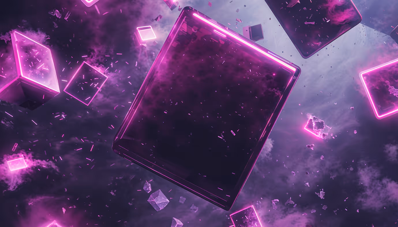 Floating glass screens and geometric shapes with neon pink edges in a dark cloudy atmosphere