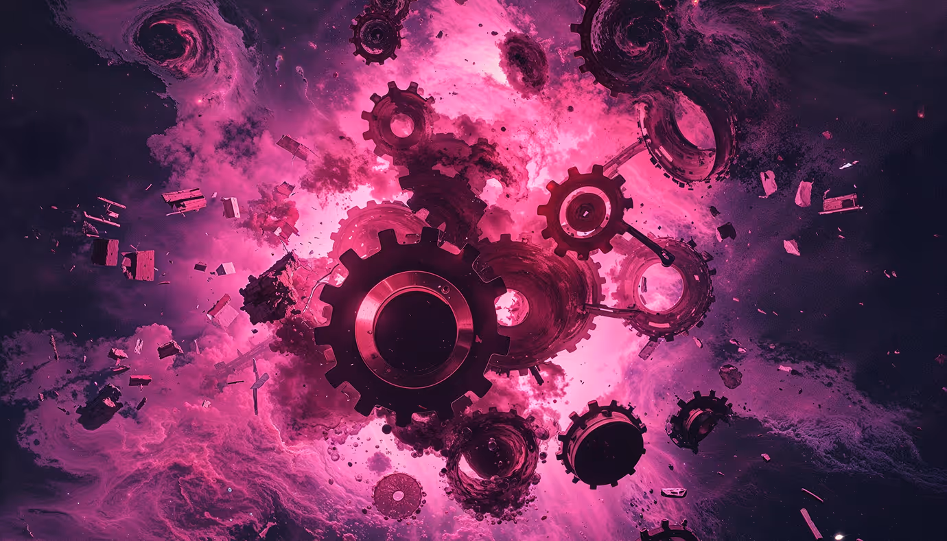 Interconnected gears floating in a neon pink and purple cosmic explosion representing the website development process