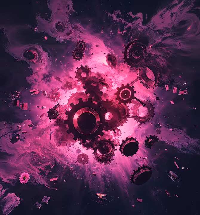 Interconnected gears floating in a neon pink and purple cosmic explosion representing the website development process