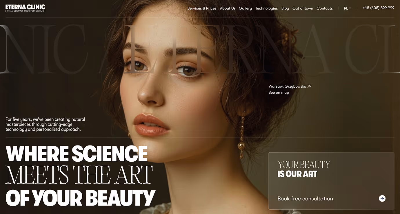 Eterna Clinic medical aesthetic clinic homepage hero with woman portrait and where science meets the art of beauty headline