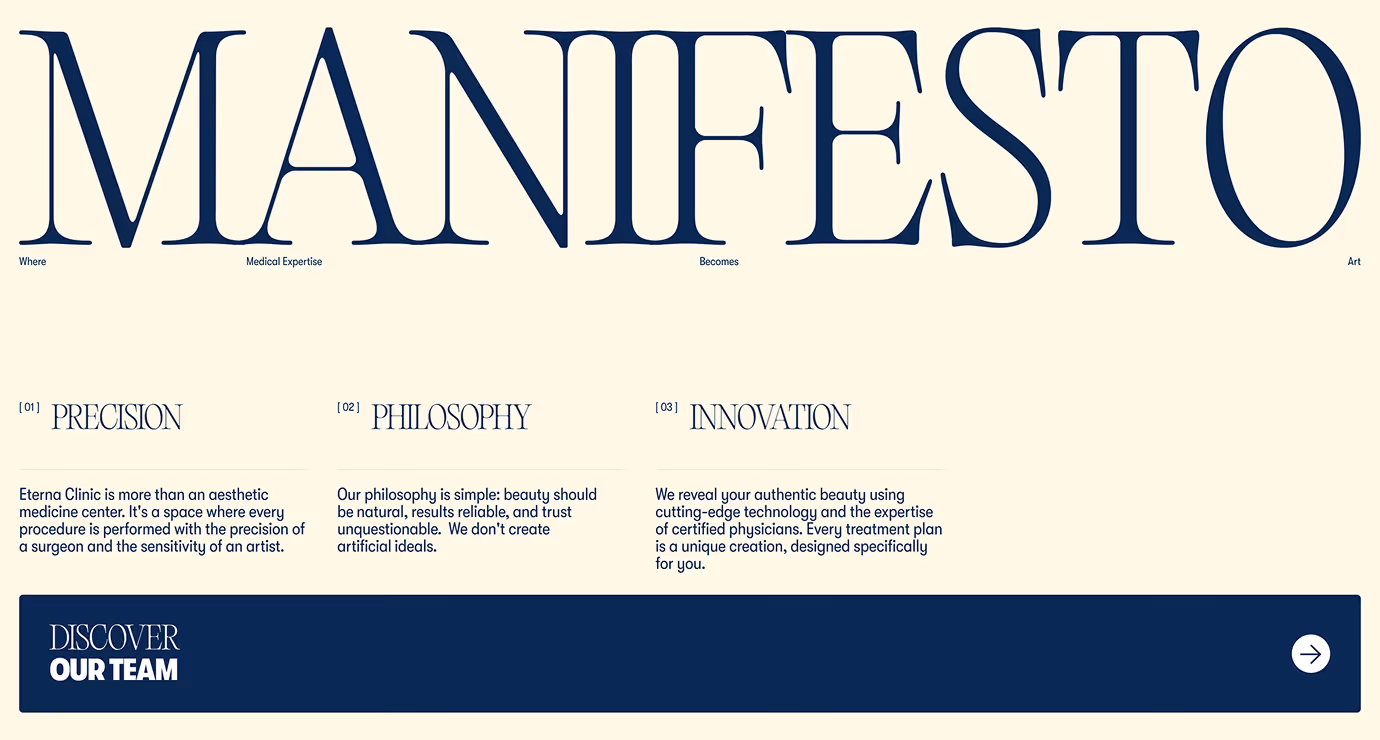 Eterna Clinic Manifesto section featuring three pillars — precision, philosophy, innovation