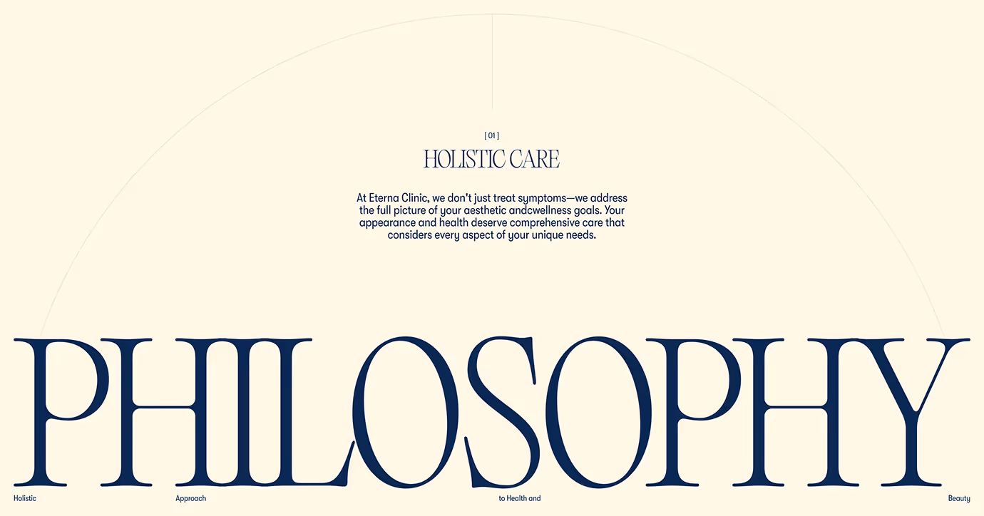Eterna Clinic Philosophy section with holistic care concept and elegant editorial typography