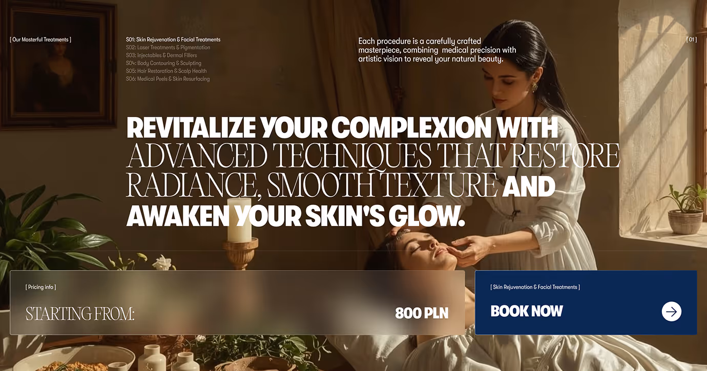 Eterna Clinic service page with bio rejuvenation facial treatment details and booking call to action