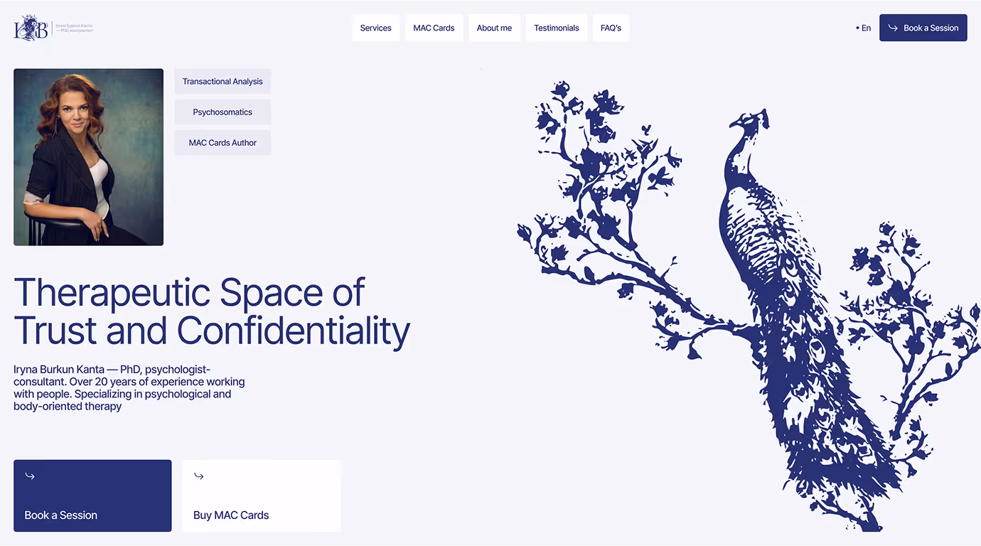 Iryna Burkun Kanta psychologist website hero with therapeutic space of trust and confidentiality message