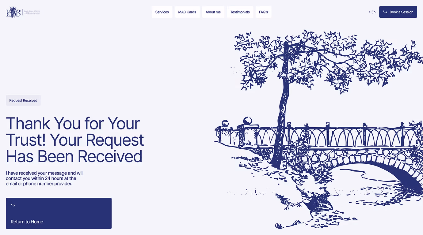 Iryna Burkun Kanta thank you page confirming consultation request with bridge illustration