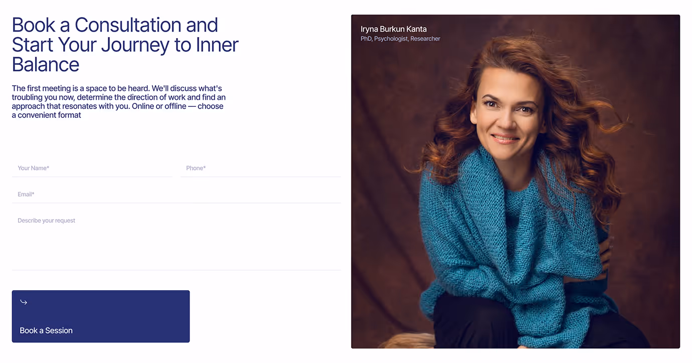 Iryna Burkun Kanta consultation booking form for starting your journey to inner balance